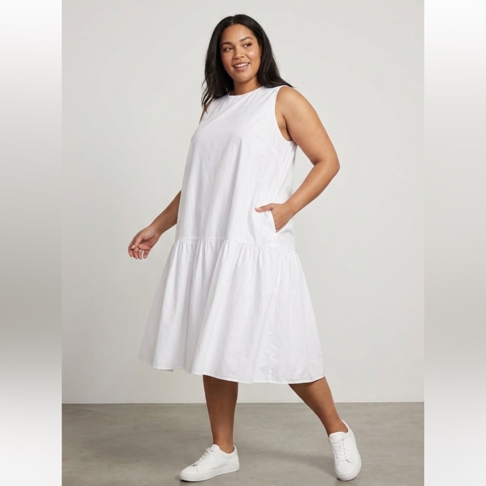 The Drop White Maxi Tiered Cotton Plus Size 3X Wide‎ Hem Poplin Dress